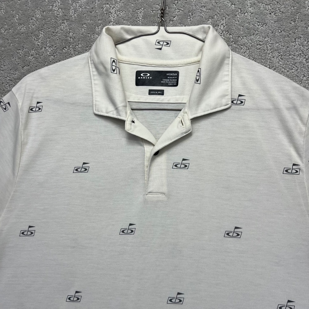 Oakley Hydrolix‎ Polo Shirt Mens M White Regular Fit Golf Flag Print Performance